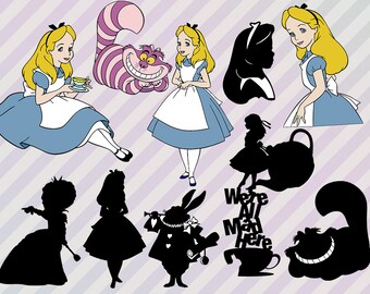 Alice in Wonderland Svg files, Disney Alice clip art, Alice in wonderland Cut files, Dxf, Png & Eps for Cricut, Alice silhouette Chesire Svg
