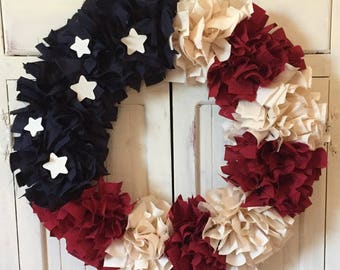 Patriotic Wreath - Rag Wreath - Fabric Wreath - Patriotic Wreath - Stars and Stripes - Red White and Blue - Country - Housewarming Gift