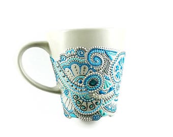 Personalized Hand Painted Coffee Ceramic Mug, Gray Pottery Tea Cup, Handmade Ceramic Coffee Mug, Pottery Blue Turquoise Tea Mug for gift