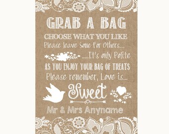 Burlap & Lace Grab A Bag Candy Buffet Cart Sweets Personalised Wedding Sign