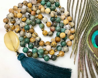Strength Mala Featuring Crazy Lace Agate & Australian Bloodstone With Yellow Agate Cabochon, 108 Bead Mala, Tassel Mala Necklace, Japamala
