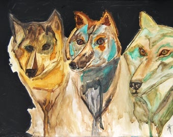 Wolves - acrylic painting - watercolor - charcoal - Animal art portrait