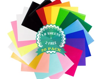 Heat Transfer HTV Vinyl Sheets VALUE BUNDLE- 12” x 10”- 20 Sheets - Iron on- use with Cricut, Silhouette, Iron, Heat Press- Assorted Colors