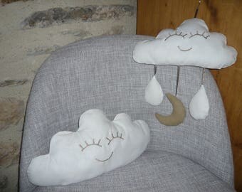 Mobile and cushion "clouds", white and taupe with eyes