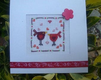 Hand embroidered card: little love birds