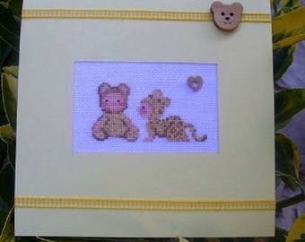 Hand embroidered card: leopard suit babies...