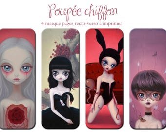 4 bookmarks digital "Illustration, girls rag doll" printable sending by MAIL