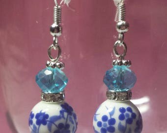 Porcelain and blue Swarovski crystal earrings