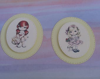 Embellishments, tags, pictures, raised 3D girl, dog, basket, scrapbooking