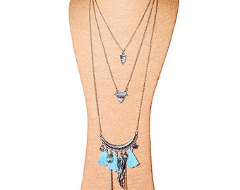 Beautiful long triple BOHO BOHEMIAN silver Turquoise - 80 cm -