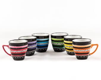 Set of 6 10 cl porcelain coffee cups hand painted different colors