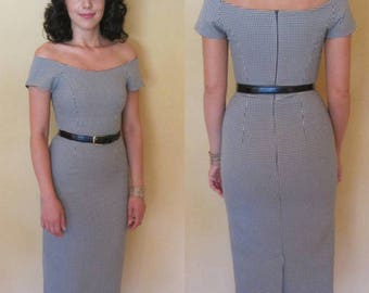 1950s off the shoulder gingham wiggle dress