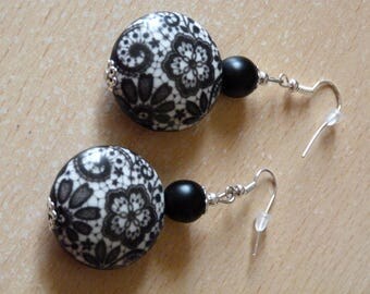 Earrings black and white porcelain beads