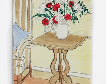 Unframed Watercolor of Red and White Carnations