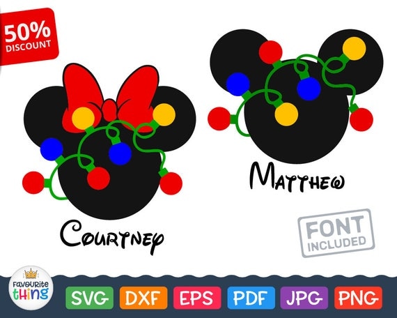 Download Mickey & Minnie Mouse Head with Lighted Christmas Garland Svg