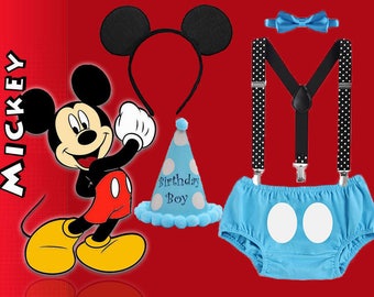 Mickey Mouse 1st Birthday Smash Cake Party Outfit Photo Prop Bow Tie Hat Baby Toddler Boys Bottoms FREE EARS