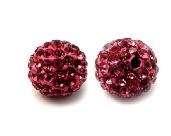 10 pearls Fushia/purple rhinestone Shamballa 10 mm