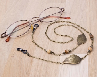 Bronze glasses lanyard - leaf and picture jasper eyeglasses chain | Gemstone eyewear neck cord | Sunglasses chain | Eyeglass holder