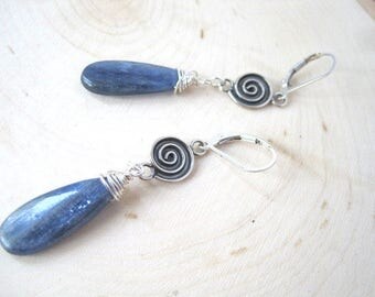Kyanite Teardrop Earrings, Raw Kyanite and Sterling Silver, Wire Wrapped, Lever Back Ear Wires, Antique Silver Swirl Links, One of a Kind