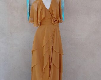ON SALE Vintage 1970s Evening Gown 70s Maxi Halter Dress Floaty Disco Goddess Fashion US 6