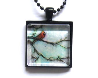 Red Cardinal tree painting Art Glass Tile Pendant Necklace
