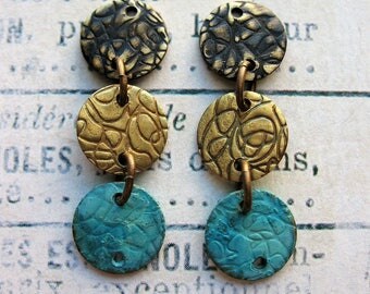 Black, Antiqued and Blue Brass Textured Disc Earring Chains - 1 pair - 1.25 inches