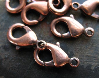 Antiqued Pure Copper Lobster Claw Clasps - 6 pieces - 12mm
