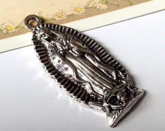 Our Lady of Guadalupe Large Charm 52x22mm antiqued silver tone religious pendant, mexican/catholic trinket #83f