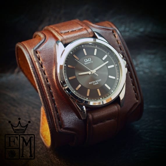 Brown Leather cuff watch Wrist watch vintage style wide layered fine veg-tan leather made for YOU in NYC by Freddie Matara!