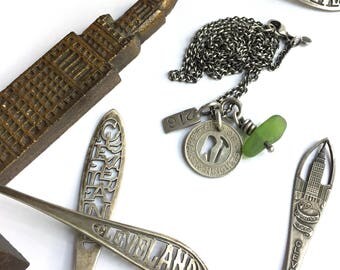 CLE 216 Cleveland Shaker Heights Vintage Rapid Transit Train Token Bright Green Seaglass Lake Erie Beach Glass Long Charm Necklace