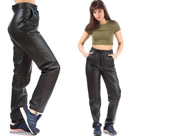 Black Leather Pants 80s High Waisted Pleated Biker Pants 1980s Trousers Rocker Vintage Hipster Vtg Grunge Metal Rock Medium