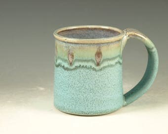 Ceramic mug with large Handle, turquoise, wheel thown (14oz)