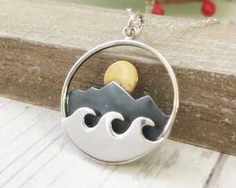 Where the mountains meet the sea - mountain necklace, wave necklace - sterling silver jewelry - ocean gift for her - wave - mountain range