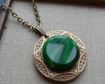 Antique Glass Button Necklace, Malachite Green
