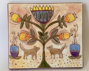 Two dogs and a magic tree hand carved ceramic art tile