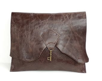 Raw edge leather clutch with vintage key - distressed brown