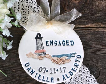 Engagement Ornament Lighthouse Proposal- Personalized Ornament, Engagement Gift, Ceramic Ornament, Dated Ornament, Wedding Ornament