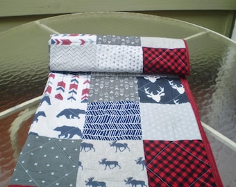 Handmade Baby quilt, Baby quilt, crib quilt, baby boy girl bedding quilt, woodland, arrow, grey, navy, red, moose, deer, bear, Rustic in red
