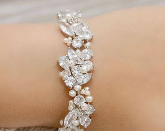 Statement Bridal Bracelet, Wedding Jewelry, Rhinestone, Freshwater Pearl and Swarovski Crystal Bracelet