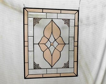 Vintage Look Stained Glass Window Panel, Neutral Champagne & Beveled Glass, Stained Glass Transom Window, Traditional Glass Window Valance