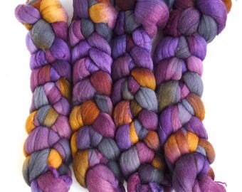 SALE!! Polwarth/Silk Roving - Handpainted Spinning or Felting Fiber, Black Hollyhocks