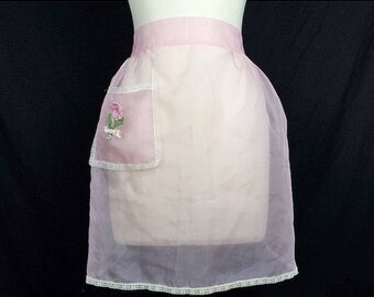 ON SALE Vintage Sheer Pink Half Apron Flower Pocket