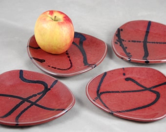Appetizer Plates Set of 4 Dessert Plates Side Plates in Red with Black Lines