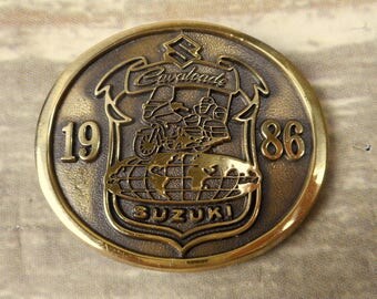 Suzuki Cavalcade Belt Buckle 1986 Motorcycle Bike Biker Brass Vintage Globe