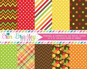 80% OFF SALE Thanksgiving Digital Paper Pack Personal & Commercial Use Red Orange Yellow and Green Polka Dots Chevron Stripes and Plaid