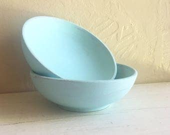 Pair of Light Blue Painted Wood Wooden Bowls Storage Trays Vintage Upcycled 2 Two