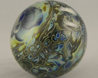 handmade lampwork glass bead a round planet focal in rich blues and greens done in reactive glass - Ice Planet