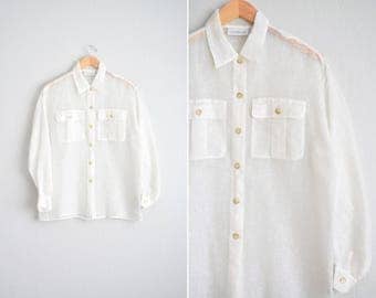 Size M/L/XL // MESH OVERSIZED Shirt // White - Long Sleeve - Button-Up - Collar - Linen-Nylon - Sheer - Vintage '90s.