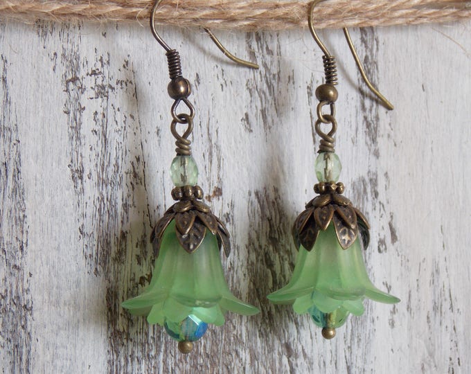 Tulip Flower Green Bell Lucite Flower Earrings Filigree Brass Czech Glass Light Green Blue Lightweight Gift For her