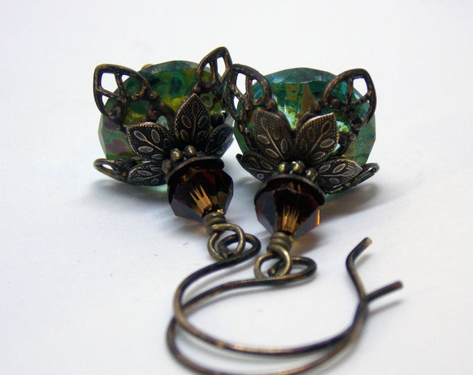 Romantic Dangle Earrings Victorian Drop Earrings Czech Glass Swarovski Crystals Vintage Style Earrings Rustic Oxidized Brass Jewelry